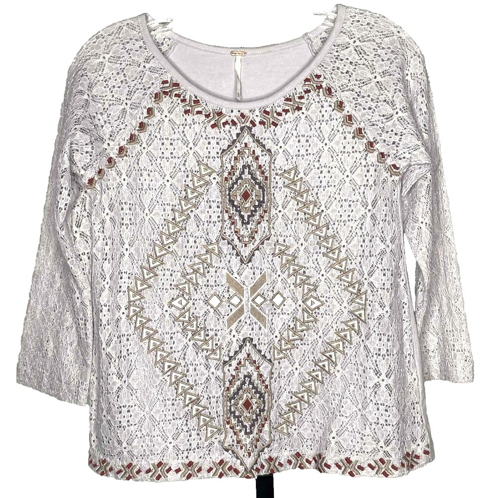 Free People‎ blouse Size XS 3/4 Sleeve boho tribal crochet Embroidered gray top